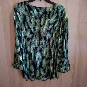 NEW Kim Rogers Size 1X Green Leaf Long Sleeve Knit Blouse